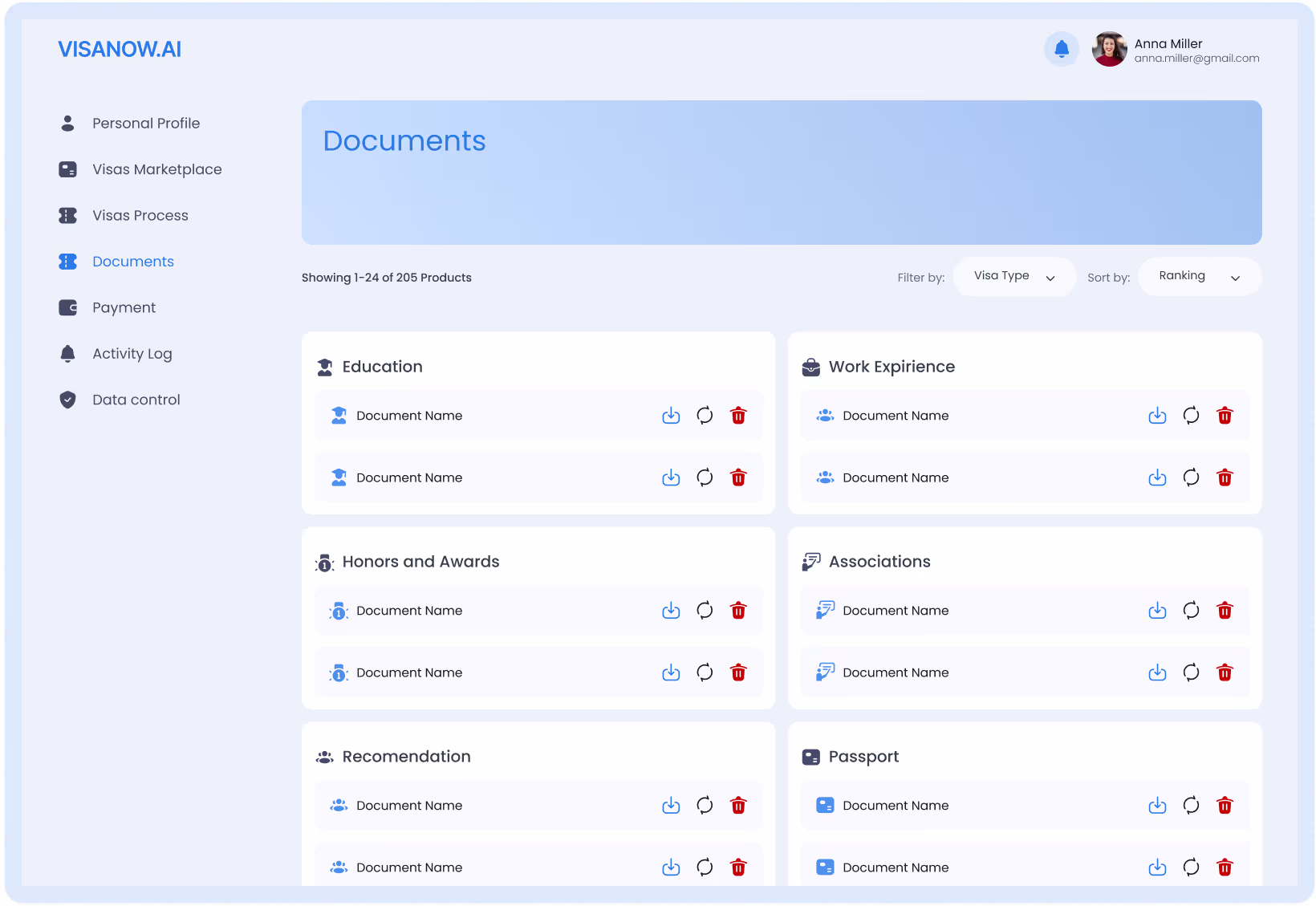 Document collection interface in VisaNow.AI for visa application paperwork and uploads