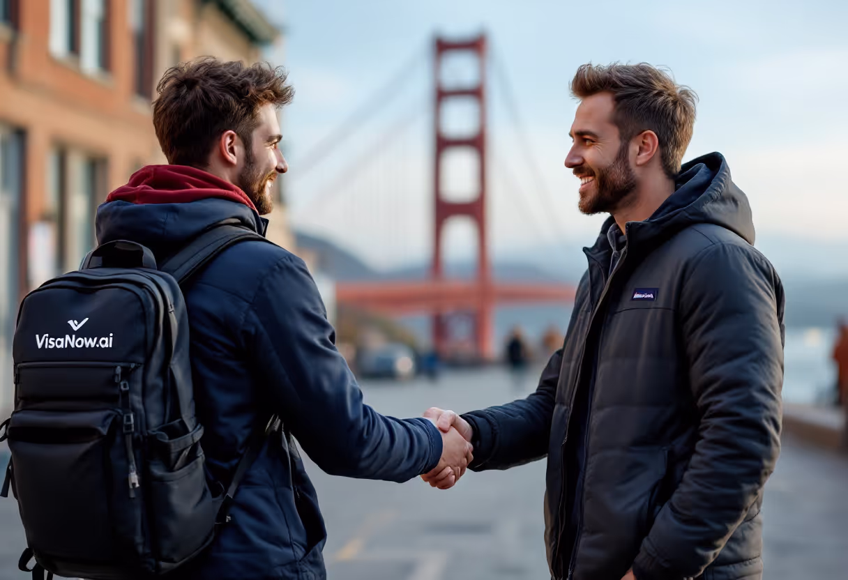 Two men shaking hands at Golden Gate Bridge symbolizing successful U.S. visa journey with VisaNow.AI