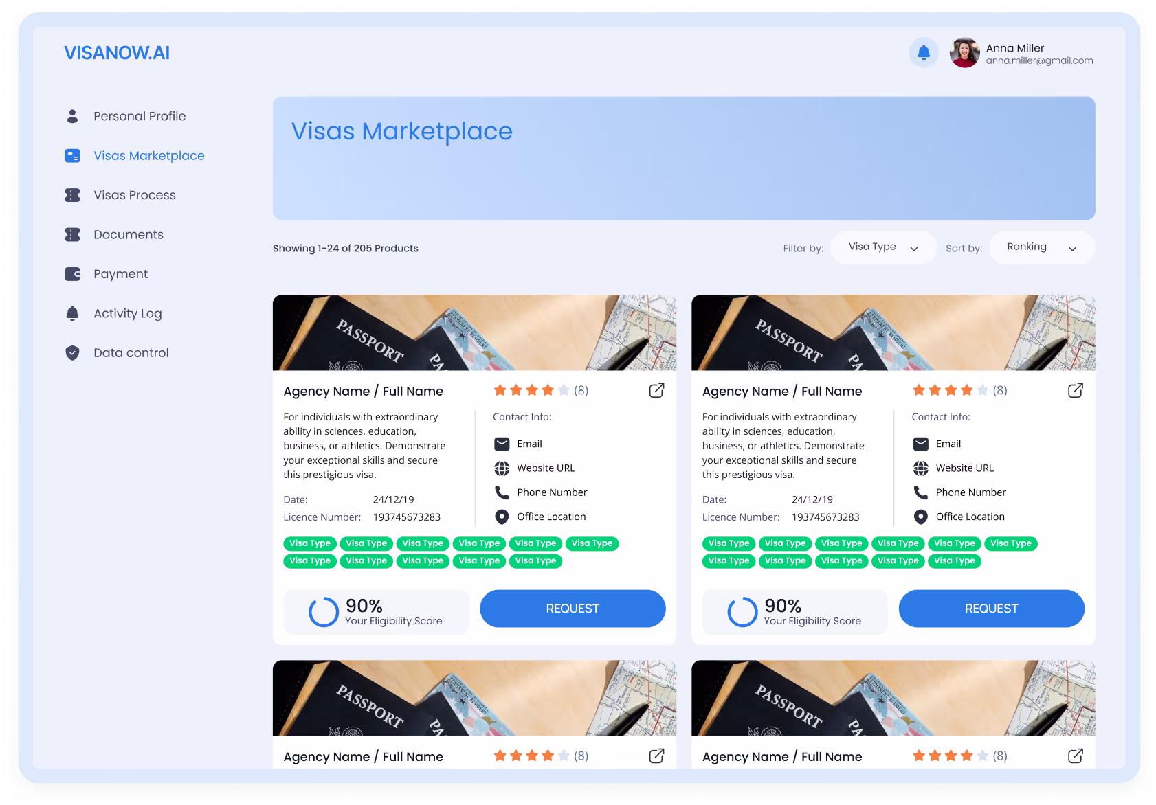Visa marketplace screen in VisaNow.AI showing O-1, EB-1A, EB-2 NIW and other visa categories